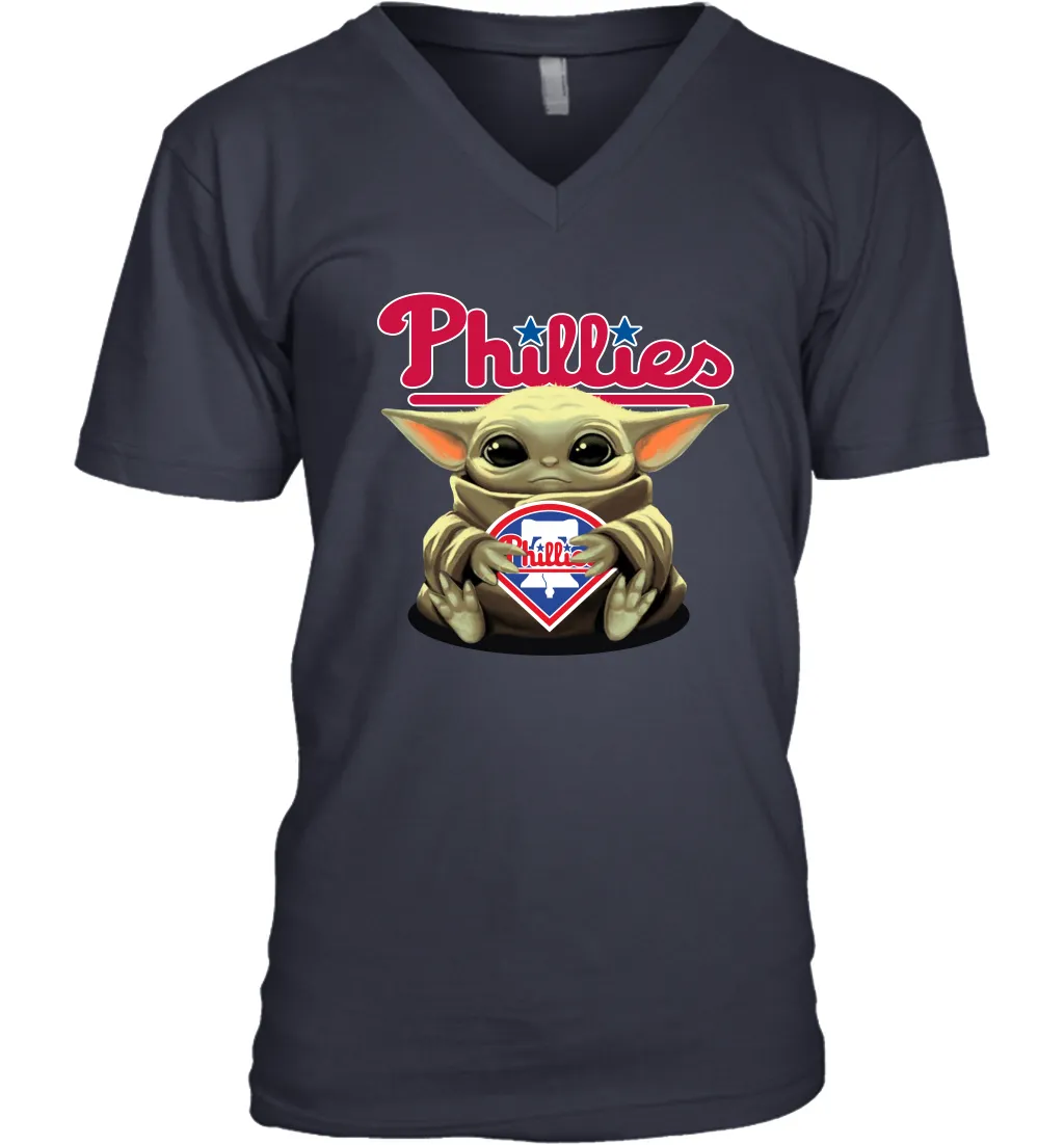 Baby Yoda Hugs Loves The Philadelphia Phillies Baseball Mens V-Neck T-Shirt