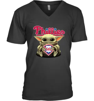 Baby Yoda Hugs Loves The Philadelphia Phillies Baseball Mens V-Neck T-Shirt