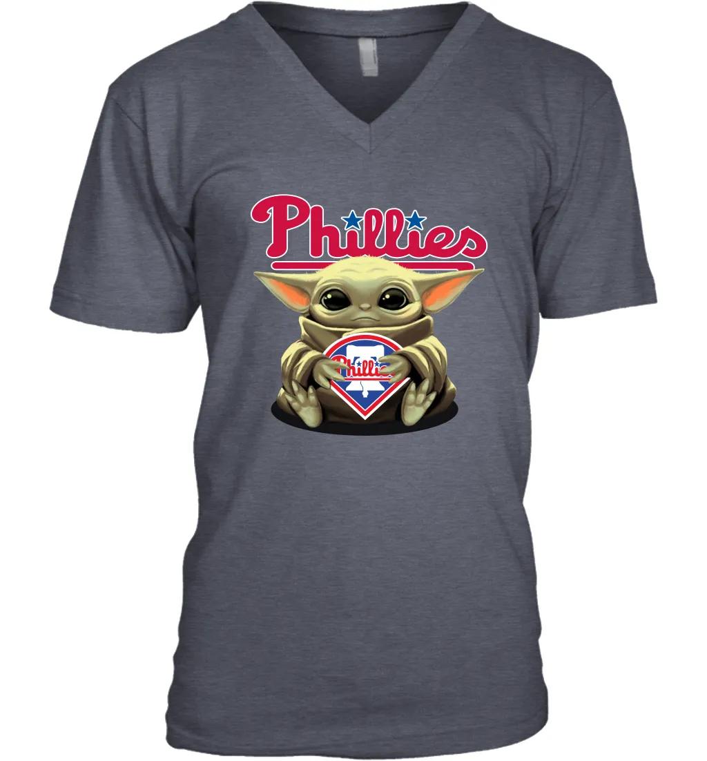 Baby Yoda Hugs Loves The Philadelphia Phillies Baseball Mens V-Neck T-Shirt
