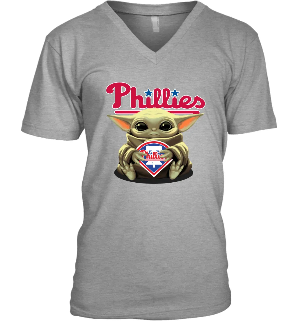 Baby Yoda Hugs Loves The Philadelphia Phillies Baseball Mens V-Neck T-Shirt