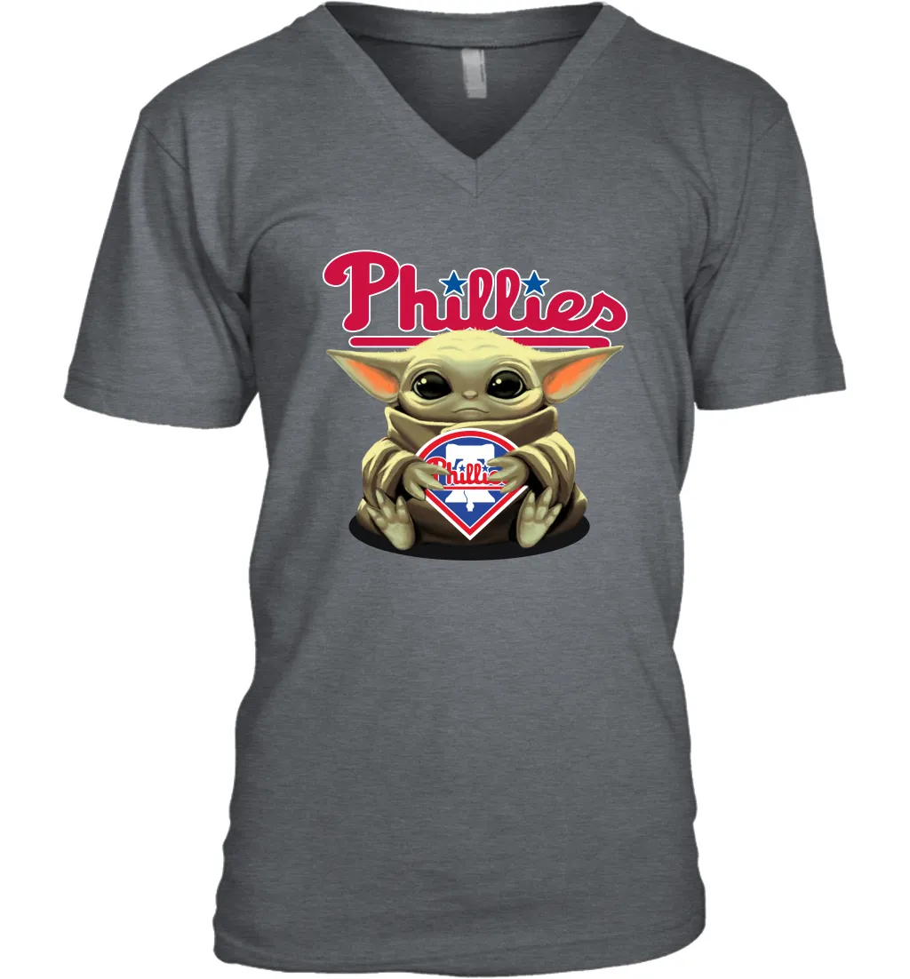 Baby Yoda Hugs Loves The Philadelphia Phillies Baseball Mens V-Neck T-Shirt