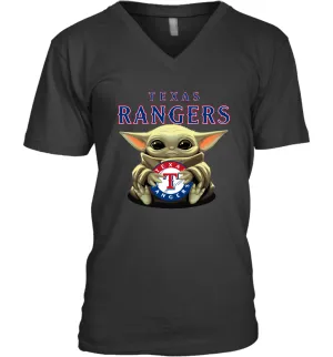 Baby Yoda Hugs Loves The Texas Rangers Baseball Mens V-Neck T-Shirt