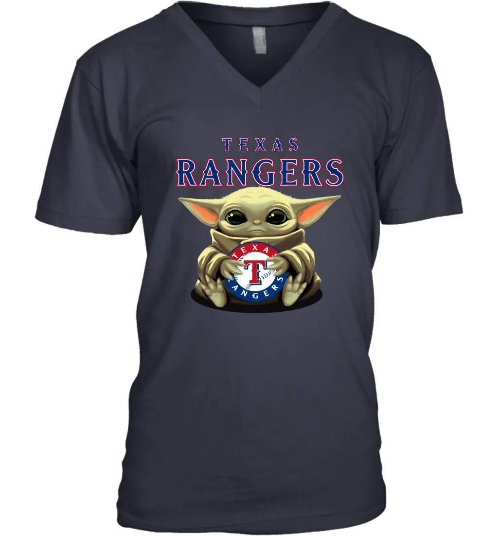 Baby Yoda Hugs Loves The Texas Rangers Baseball Mens V-Neck T-Shirt