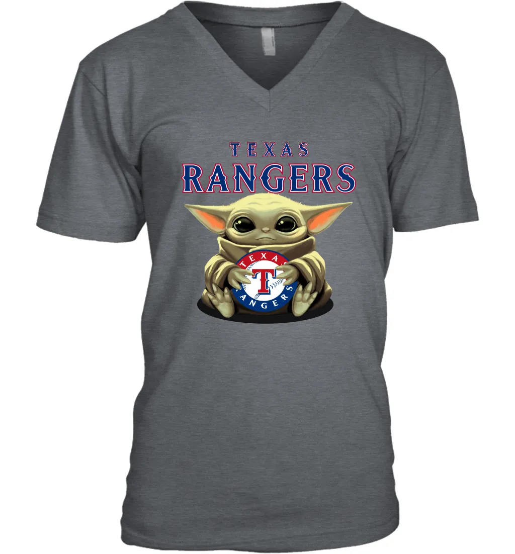 Baby Yoda Hugs Loves The Texas Rangers Baseball Mens V-Neck T-Shirt