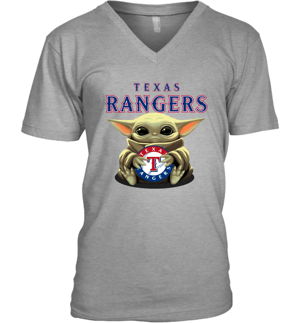 Baby Yoda Hugs Loves The Texas Rangers Baseball Mens V-Neck T-Shirt