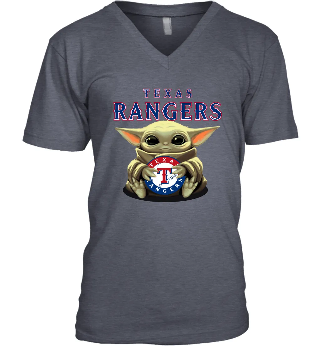 Baby Yoda Hugs Loves The Texas Rangers Baseball Mens V-Neck T-Shirt
